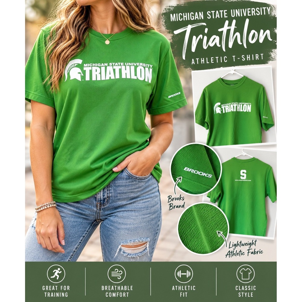 Brooks Michigan State Spartans Triathlon Green Athletic Mesh Tee Size S